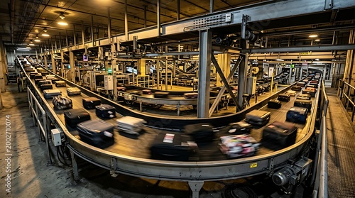 Luggage Conveyor Belt in Airport Baggage Handling Area with Moving Suitcases
