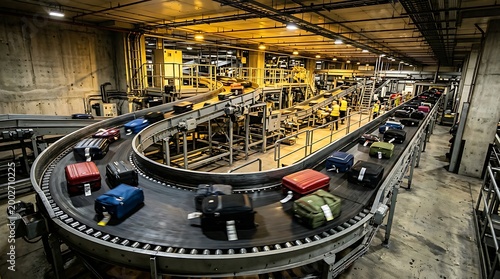 Luggage Conveyor Belt in Modern Airport Baggage Handling Area