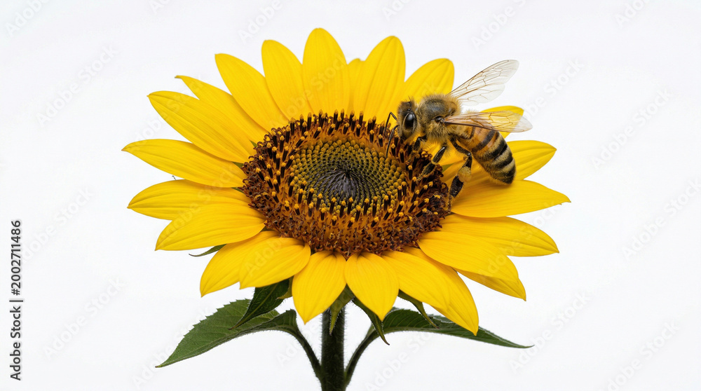 Fototapeta premium Bee collecting pollen from vibrant sunflower on white background 