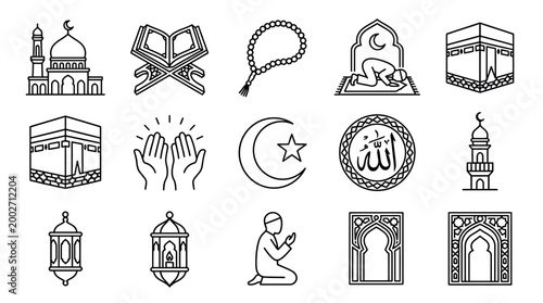 Islamic cultural symbols and icons depict prayer worship tradition in mosques and homes