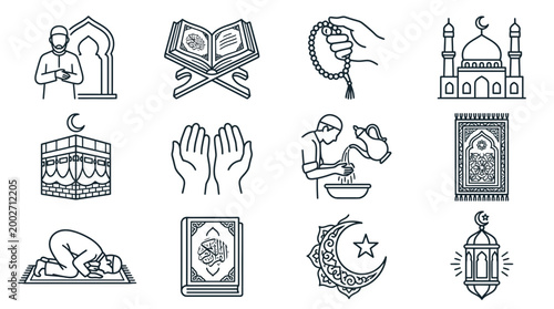 Islamic symbols icons represent prayer and worship practices in a collection t.svg