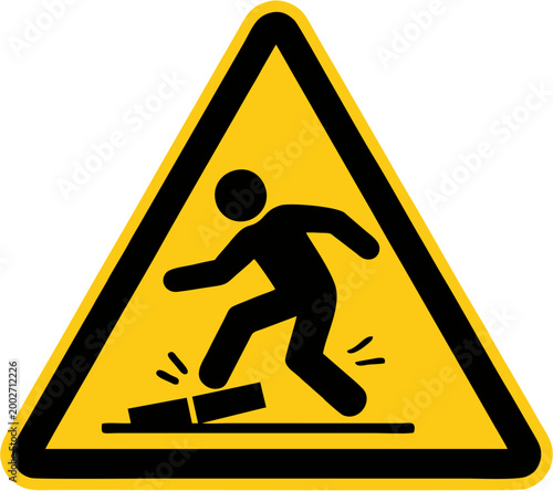 Warning sign for tripping hazard pictogram of a person stepping on a broken surface safety symbol for danger and caution isolated on white Background