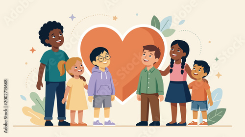 This heartwarming flat design illustration features a diverse group of children gathered around a large heart symbol, representing the universal themes of love, care, and protection for all children.