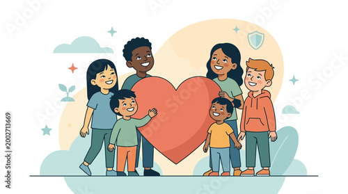 This heartwarming flat design illustration features a diverse group of children gathered around a large heart symbol, representing the universal themes of love, care, and protection for all children.