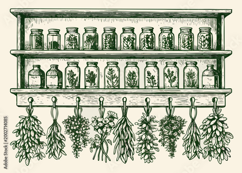 Woodcut style shelf with jars and hanging herbs vintage illustration