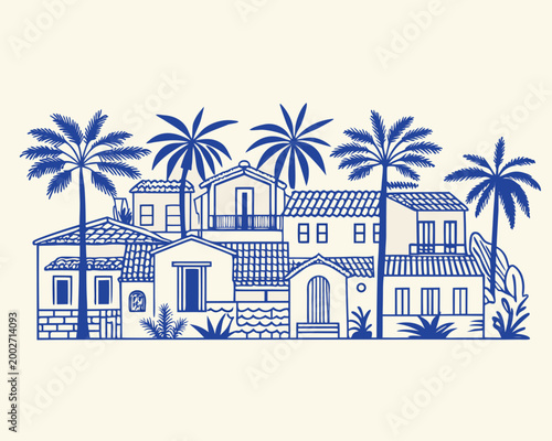 Coastal village line drawing with palm trees and blue buildings