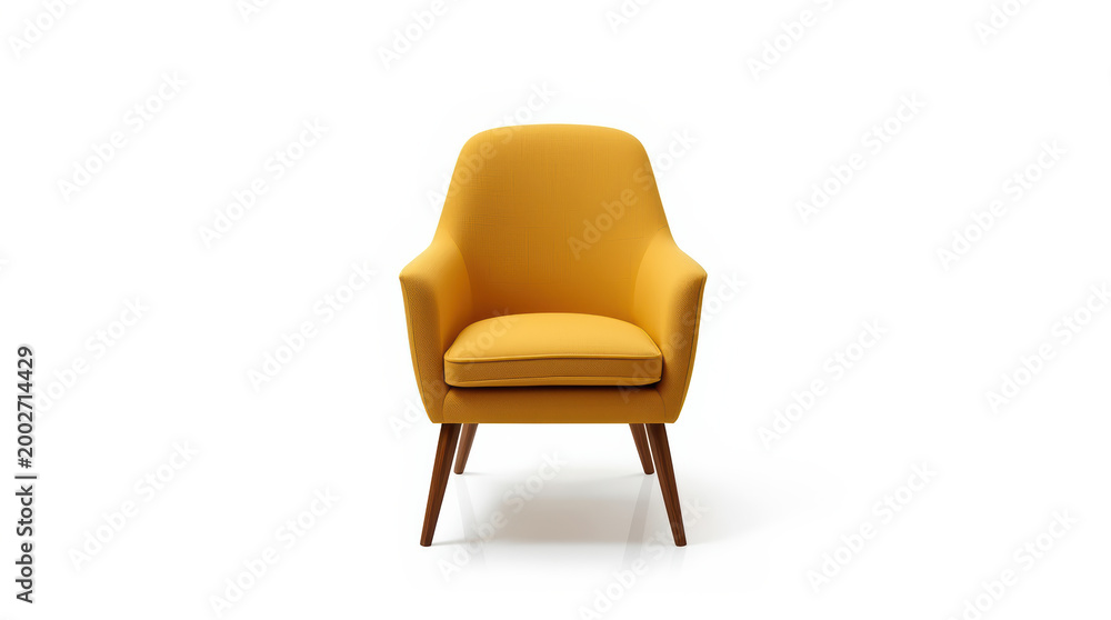 Fototapeta premium Yellow mid century modern armchair with wooden legs and cushioned seat, bright studio lighting