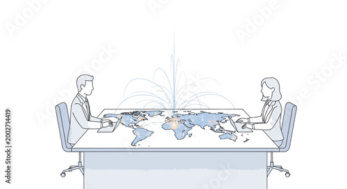 Two business professionals sitting at a desk with a world map in a minimalist office setting with a focus on global collaboration.