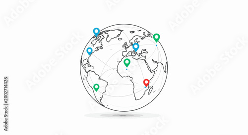 Illustration of a globe with various location markers on a white background, showcasing a map with pins in different colors.