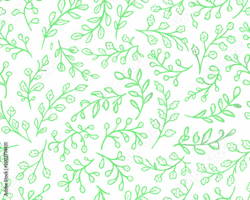 seamless floral pattern with hand drawn green leaves on white background