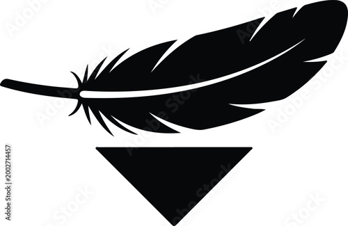 Silhouette feather floating above a downward pointing triangle symbol vector design