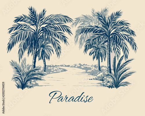 Palm trees line drawing with beach and paradise text blue tone