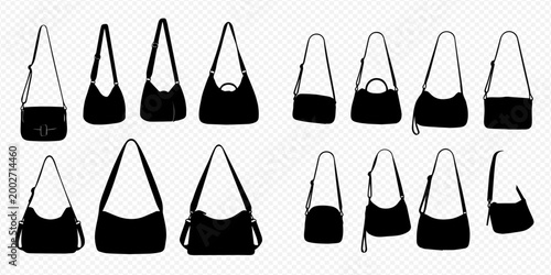 Set of various black and white shoulder bags and purses, fashion accessories collection.