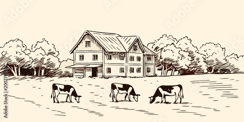 Farmhouse with cows in a field hand drawn sketch