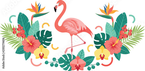 Vibrant pink flamingo standing among tropical flowers and lush greenery in a colorful floral arrangement with exotic leaves and blooms