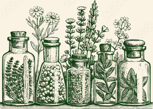 Vintage botanical illustration of glass jars with herbs and flowers