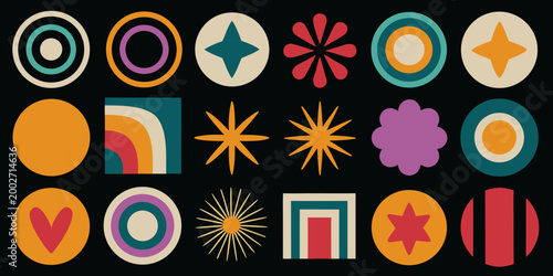 abstract geometric shapes and floral patterns colorful 70s style