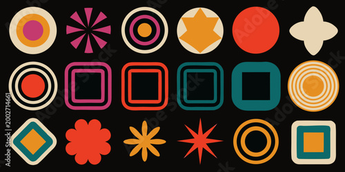 abstract geometric shapes and patterns colorful 1970s style