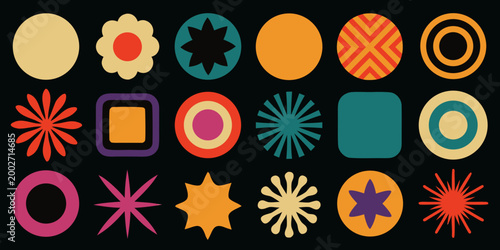 abstract geometric shapes and patterns colorful 1970s style
