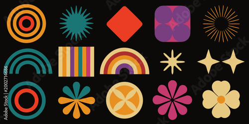 abstract geometric shapes and floral designs colorful 1970s style