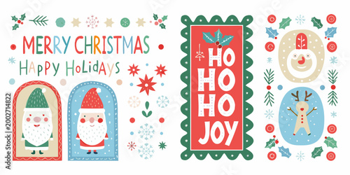 christmas illustrations and lettering with festive holiday elements
