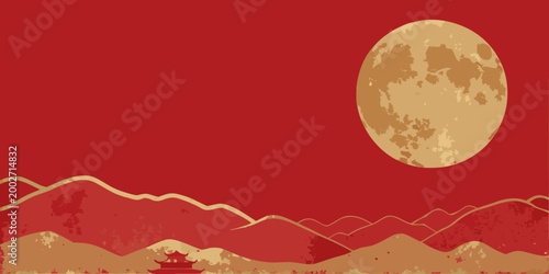 full moon over mountains and pagoda vector illustration