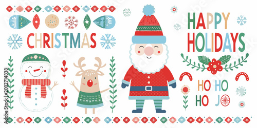 christmas illustration with santa claus snowman and reindeer