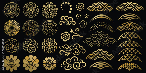golden japanese floral and wave patterns on black background