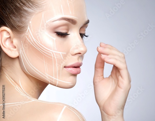 Woman's face with lines indicating cosmetic procedures