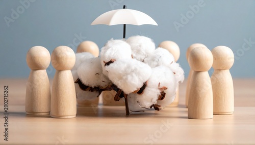 Umbrella Protecting Cotton with Wooden Figures – Care Visual for Editorial, Lifestyle, or Empowerment Branding Themes