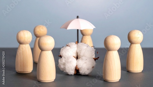 Umbrella Protecting Cotton with Wooden Figures – Care Visual for Editorial, Lifestyle, or Empowerment Branding Themes