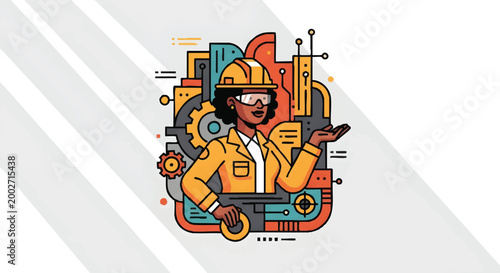 Modern Flat Illustration of a Female Black Engineer in a Safety Helmet with Industrial Gears and Technology Symbols