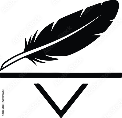 Silhouette of a feather over a line and chevron vector design