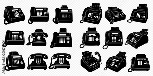 Collection of various vintage and modern fax machines and rotary telephones in black and white silhouette style.