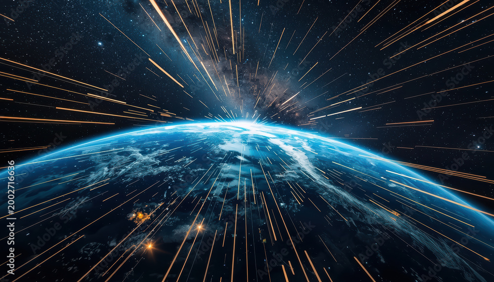 Fototapeta premium Blue earth horizon with streaking light rays and starfield creating dramatic motion