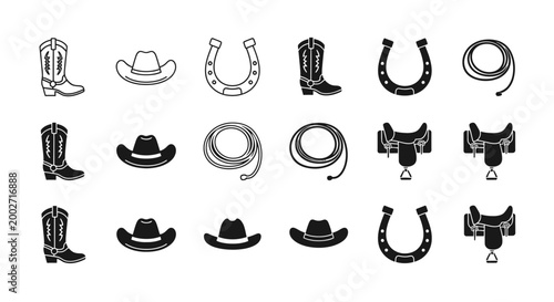 Cowboy western icons: boots, hats, saddles, horseshoes and ropes