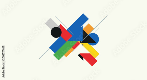Abstract geometric composition with colorful shapes and lines on a light background