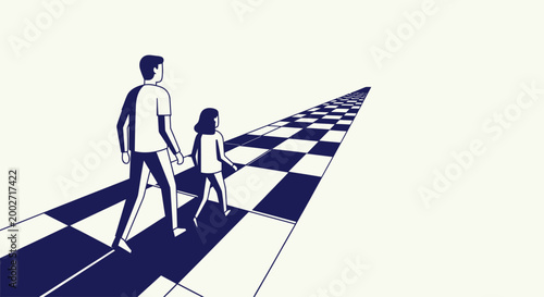 Father and daughter walking hand-in-hand on a checkered path towards the horizon, symbolizing future and journey