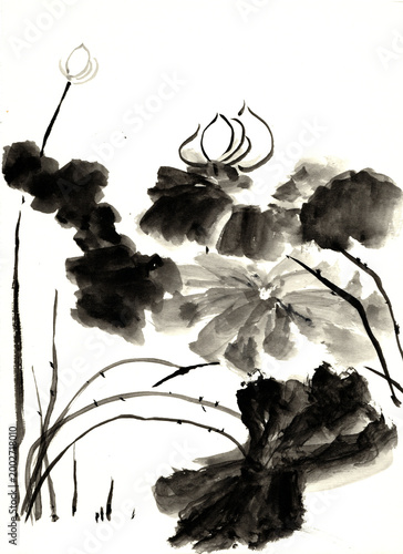Artistic Hand Painted Ink Wash Lotus Flower and Large Leaves