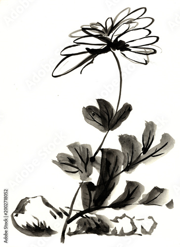 Original Hand Painted Ink Wash Abstract Flower and Rock in Oriental Style