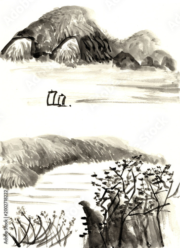 Original Hand Painted Ink Wash Abstract Mountain and River Landscape