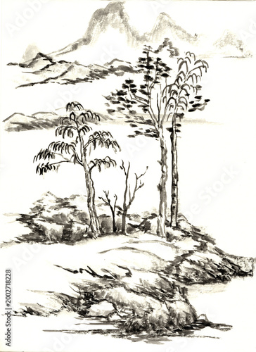 Original Hand Painted Ink Wash Landscape of Sparse Forest and Distant Peaks