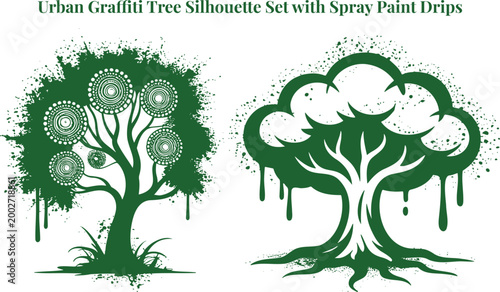 Artistic Green Graffiti Tree Silhouettes Featuring Unique Designs and Dripping Paint Effects