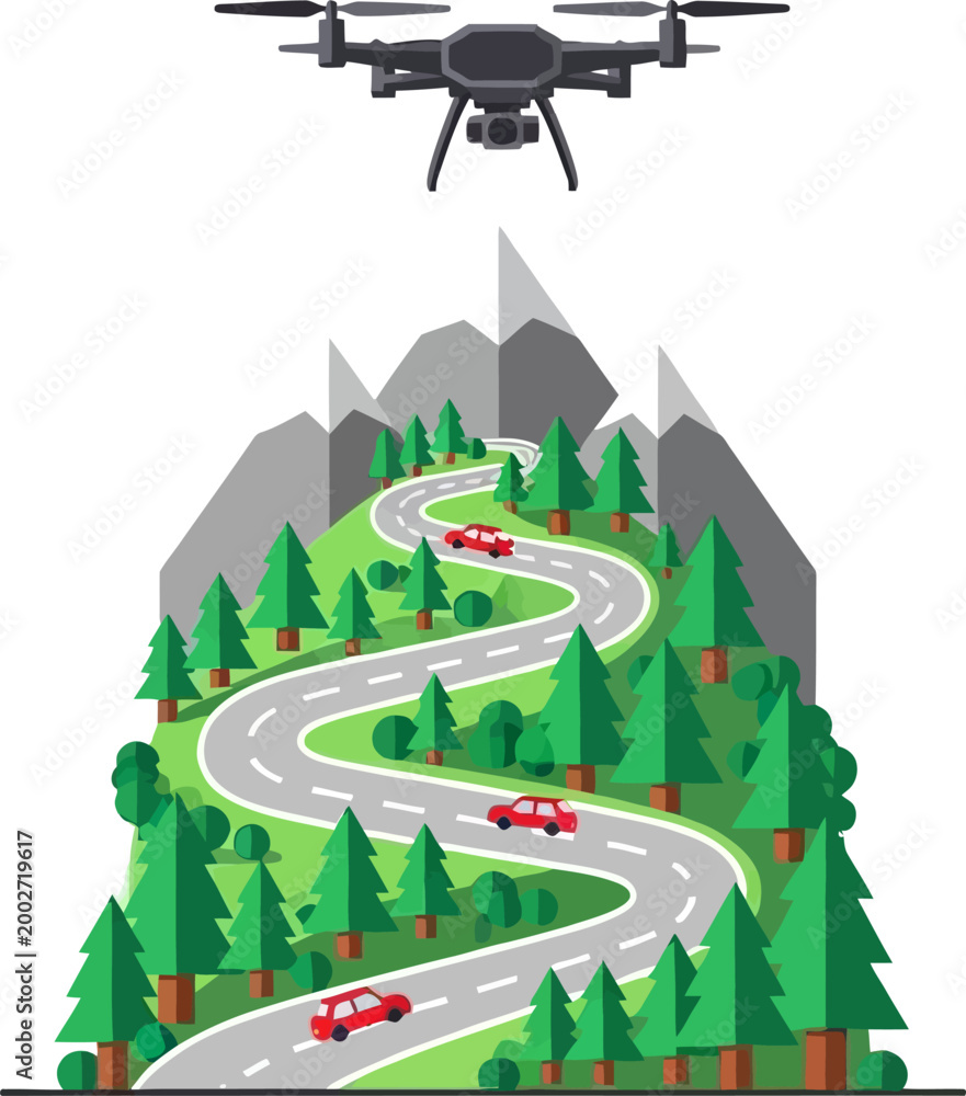 Fototapeta premium Winding road through a dense forest with driving cars and an overhead drone highlights the connection between modern transportation and nature.