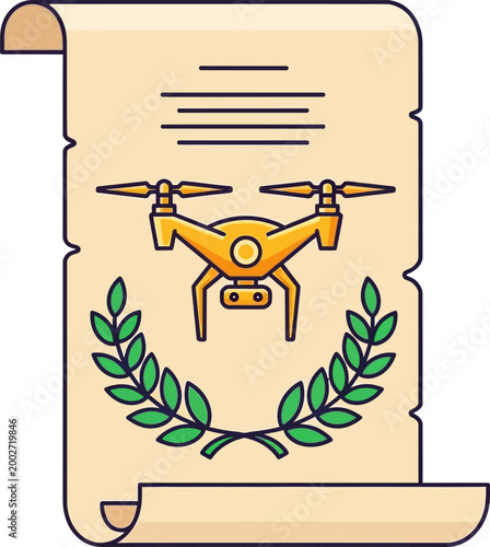 Drone technology is celebrated with a gold icon placed atop a vintage parchment scroll.
