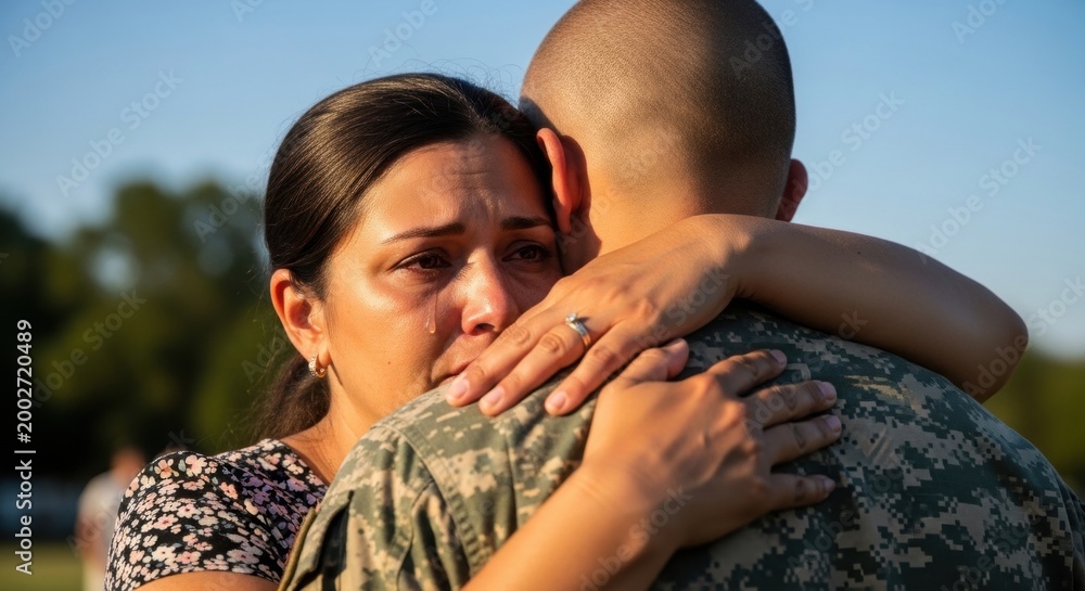 Fototapeta premium Woman crying while hugging a soldier in military uniform. Emotional reunion of a mother and her son returning from service. Homecoming, military family, grief, relief and love concept.