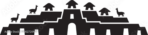 Ancient inca citadel with thatched roof buildings and llamas silhouette vector illustration