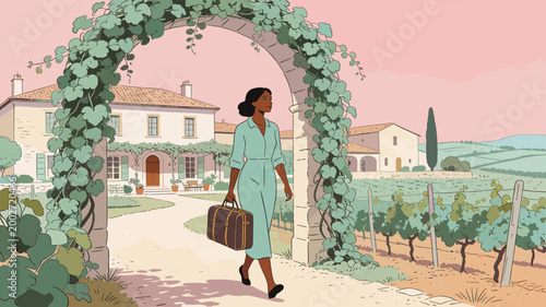 A charming illustration of a villa draped in ivy evokes a feeling of peacefulness and tranquility. Ideal for travel blogs, real estate marketing, or r