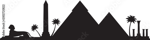 Egypt landmarks with pyramids sphinx and obelisk silhouette vector illustration isolated with palm