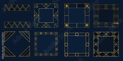 gold decorative frames and borders art deco style on blue